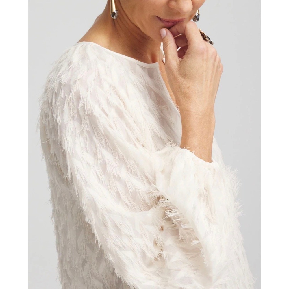 Chicos 4 / 20 Eyelash Fringe Feathered Long Sleeve Peasant Blouse Cream Boho - Picture 3 of 11